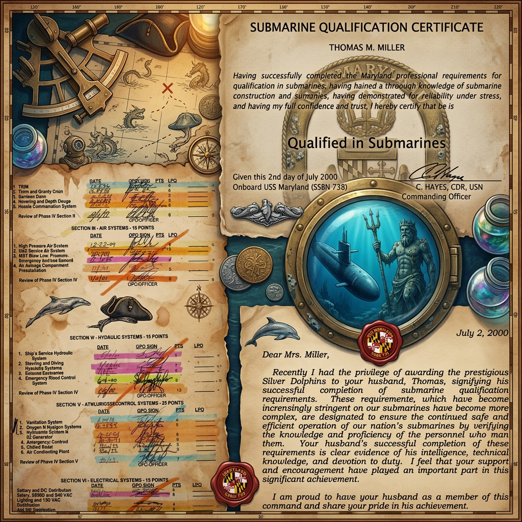 Submarine Qualification Certificate — Thomas M. Miller, Silver Dolphins awarded July 2, 2000 aboard USS Maryland (SSBN 738), signed by Commanding Officer C. Hayes CDR USN